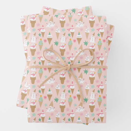 雪だるまアイスクリームコーンクリスマスパターン ラッピングペーパーシート (インサイチュ)