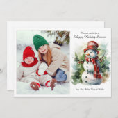 雪だるまインレッドフラットホリデーフォトカード シーズンカード (正面/裏面)