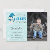 雪だるまウィンターオネデランドホリデー誕生日写真 招待状 (正面)