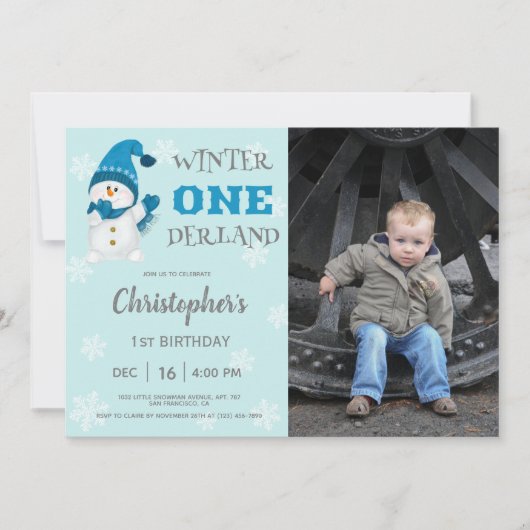 雪だるまウィンターオネデランドホリデー誕生日写真 招待状 (正面)