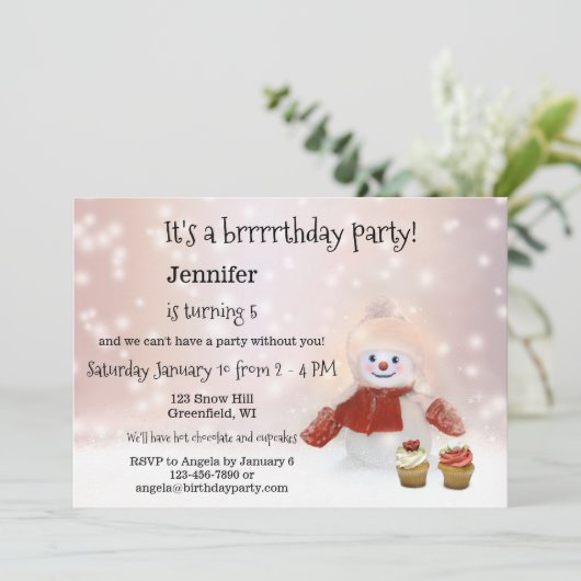 雪だるまウィンターガールバースデーパーティーへの招待 招待状 (スタンド正面)