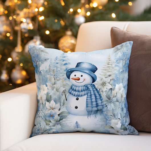 雪だるまウィンタースノーブルーハットスカーフ クッション