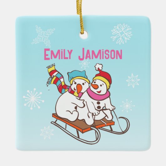 雪だるまウィンタースポーツの名前とウィッシュセラミックの名前 セラミックオーナメント (正面)