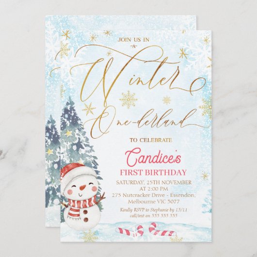 雪だるまウィンターワンダーランド誕生日招待状 招待状 (正面/裏面)