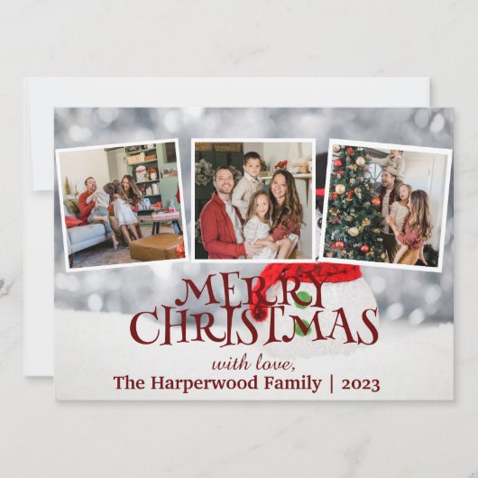 雪だるまエレガントジョイChristmas家族フォトコラージュ シーズンカード (正面)