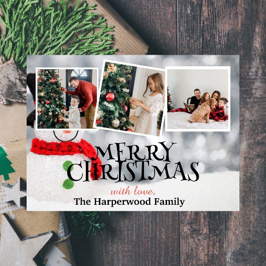 雪だるまエレガントジョイChristmas家族フォトコラージュ シーズンカード