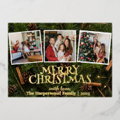 雪だるまエレガントジョイChristmas家族フォトコラージュ 箔シーズンカード (正面)