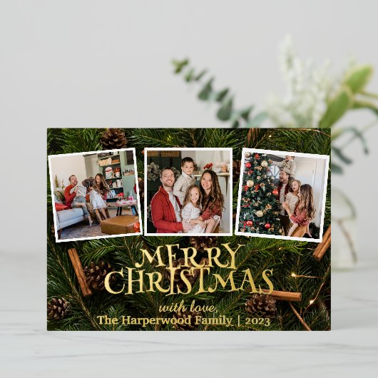 雪だるまエレガントジョイChristmas家族フォトコラージュ 箔シーズンカード (立ち正面)