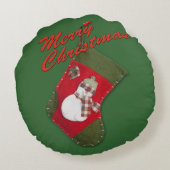 雪だるまオンクリスマスストッキングオーバーグリーン ラウンドクッション (裏面)