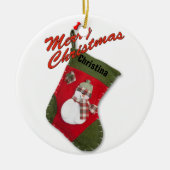 雪だるまオンクリスマスストッキング写真 セラミックオーナメント (正面)