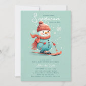 雪だるまオンスキースウィンタースポーツティール(緑がかった色)ボーイベビーシャワー 招待状 (正面)