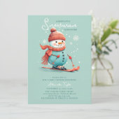 雪だるまオンスキースウィンタースポーツティール(緑がかった色)ボーイベビーシャワー 招待状 (スタンド正面)