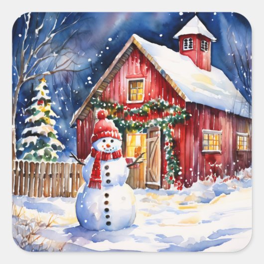 雪だるまオンヴィンテージファームクリスマス スクエアシール (正面)