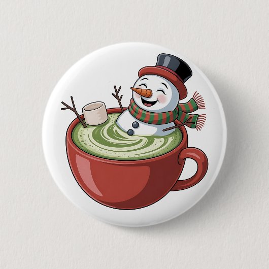 雪だるまオン抹茶バスタブおもしろいクリスマス 缶バッジ (正面)