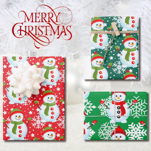 雪だるまオン赤&緑ホワイトスノーフレークのクリスマス ラッピングペーパーシート