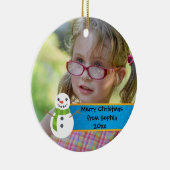 雪だるまオン青と赤のメリークリスマスフォト セラミックオーナメント (右)
