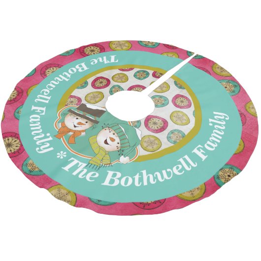 雪だるまオーブとスノーフレークスホリデーツリースカート ブラッシュドポリエステルツリースカート (アングル)