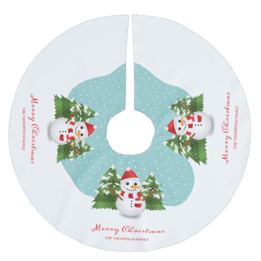 雪だるまカスタムファミリー名メリークリスマス ブラッシュドポリエステルツリースカート (正面)