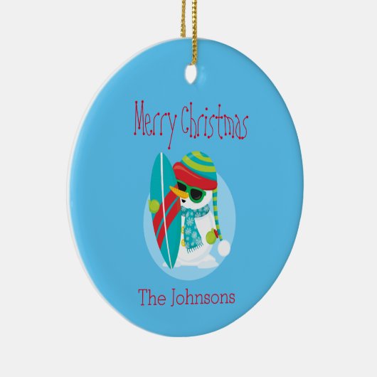 雪だるまカッコいいクリスマスサーファー セラミックオーナメント (右)