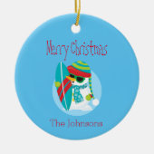 雪だるまカッコいいクリスマスサーファー セラミックオーナメント (正面)