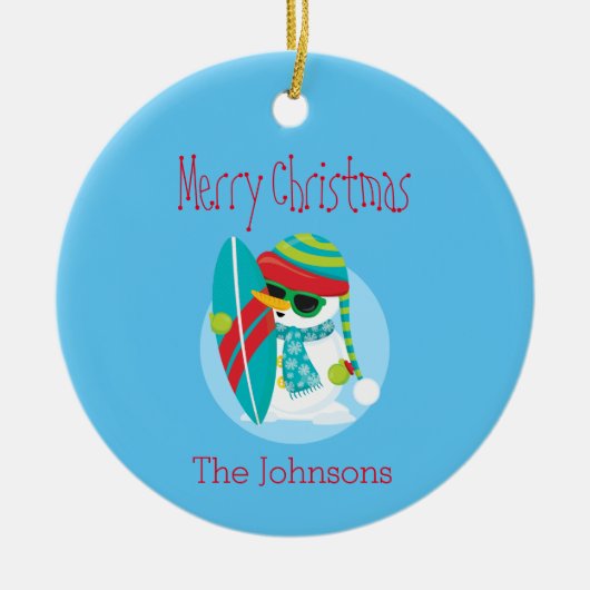 雪だるまカッコいいクリスマスサーファー セラミックオーナメント (正面)