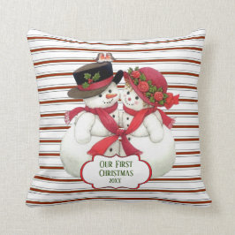 雪だるまカップルとキャンディーケーストライプン クッション