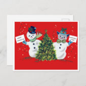 雪だるまカップルとクリスマスツリー，ヴィンテージ ポストカード (正面/裏面)