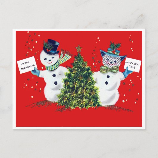 雪だるまカップルとクリスマスツリー，ヴィンテージ ポストカード (正面)