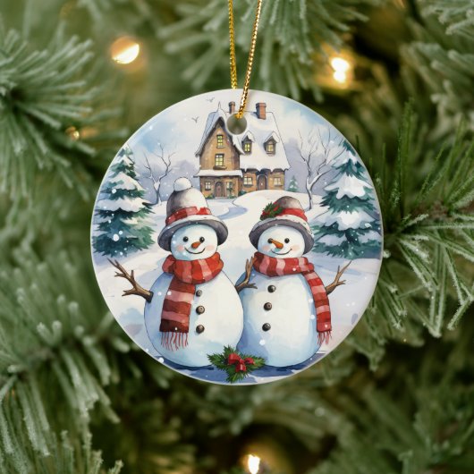 雪だるまカップルのクリスマスオーナメント セラミックオーナメント (ツリー)