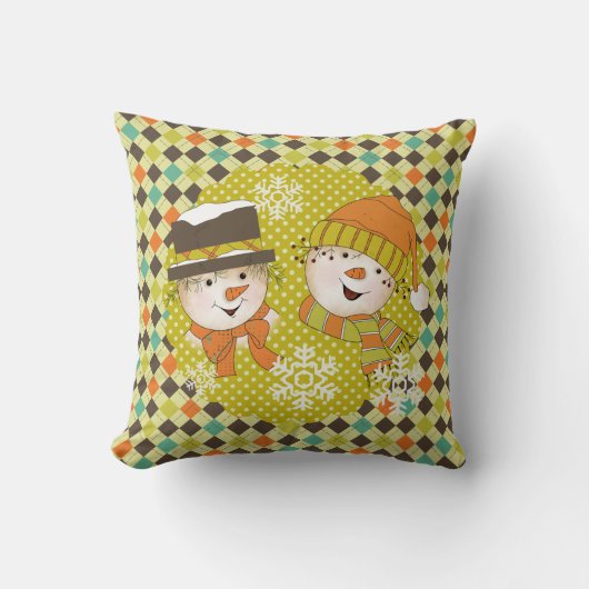 雪だるまカップルのドットとアーガイルホリディピロー クッション (正面)