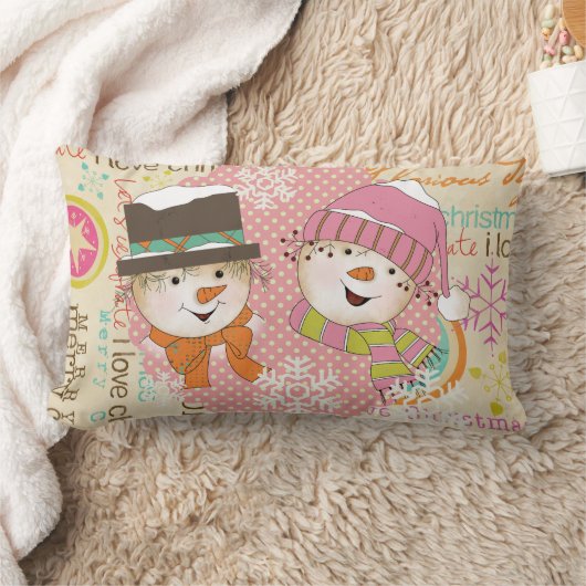 雪だるまカップルのドットとタイポグラフィホリディピロー ランバークッション (ブランケット)