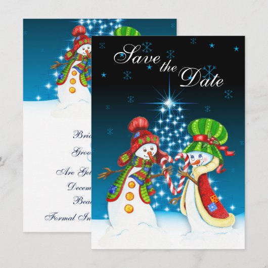 雪だるまカップルのホリデーツリー Save the Date 招待状 (正面/裏面)