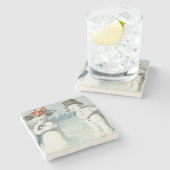 雪だるまカップル冬の雪原 ストーンコースター (横)