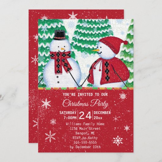 雪だるまカップル雪片レッドクリスマスパーティー 招待状 (正面/裏面)