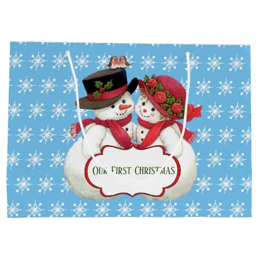 雪だるまカップル、初めてのクリスマス ラージペーパーバッグ (裏面)