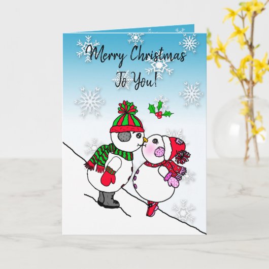 雪だるまキスをすると爪先立ちの雪の女性 カード (黄色い花)