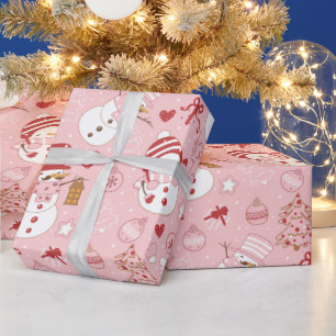 雪だるまクリスマスオーナメントギフトピンクのクリスマス ラッピングペーパー