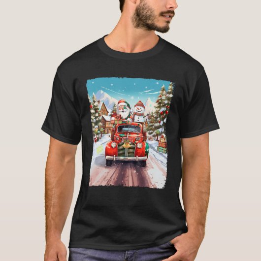 雪だるまクリスマスサンタクロースレッドトラッククリスマスビベス Tシャツ (正面)