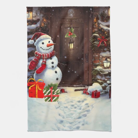 雪だるまクリスマスシーン キッチンタオル (縦)