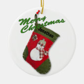 雪だるまクリスマスストッキングフォト名前をカスタムする セラミックオーナメント (正面)