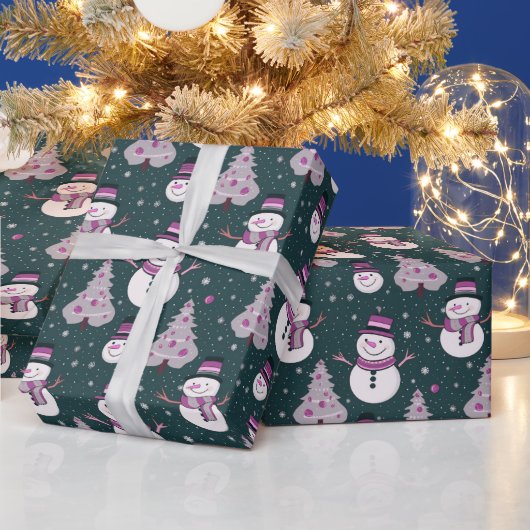 雪だるまクリスマスツリーズスノーフレークスグリーンクリスマス ラッピングペーパー (クリスマス)