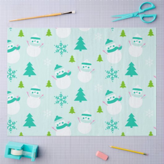 雪だるまクリスマスツリーズスノーフレークスグリーンクリスマス 薄葉紙 (クラフト)