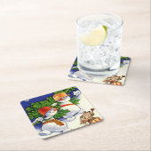 雪だるまクリスマスツリードラミングウサギ スクエアペーパーコースター (インサイチュ)