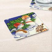 雪だるまクリスマスツリードラミングウサギ スクエアペーパーコースター (アングル)