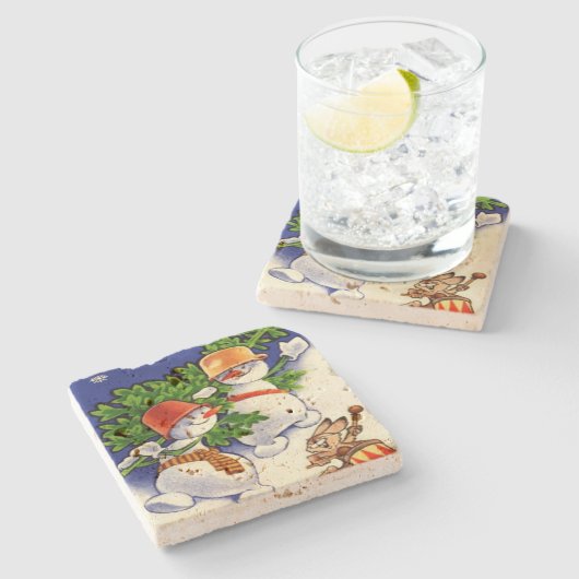 雪だるまクリスマスツリードラミングウサギ ストーンコースター (横)