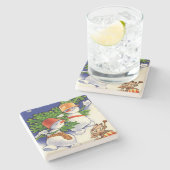 雪だるまクリスマスツリードラミングウサギ ストーンコースター (横)