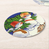 雪だるまクリスマスツリードラミングウサギ ラウンドペーパーコースター (アングル)
