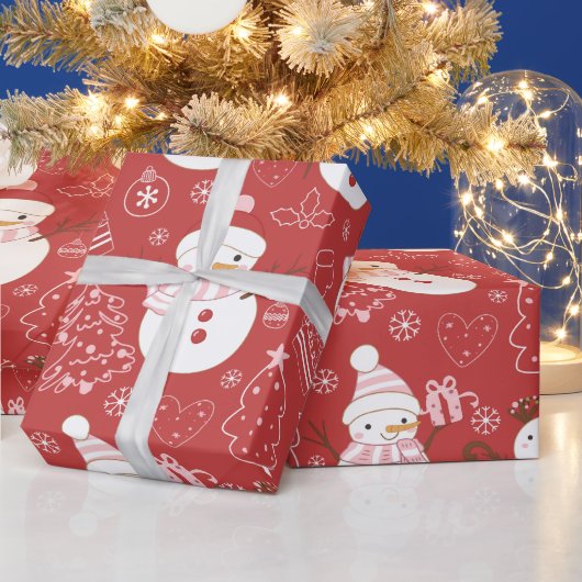 雪だるまクリスマスツリーハートギフトレッドクリスマス ラッピングペーパー (クリスマス)