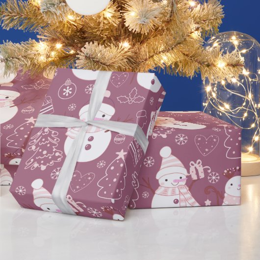 雪だるまクリスマスツリーハート紫クリスマス ラッピングペーパー (クリスマス)