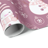 雪だるまクリスマスツリーハート紫クリスマス ラッピングペーパー (ロールコーナー)